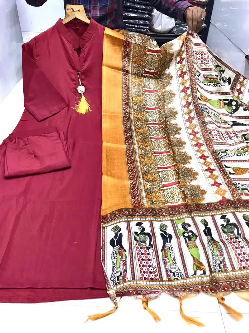 Vt Designer Solid Maroon Printed Cotton Kurti With Bottom Dupatta Wholesale Price In Surat
